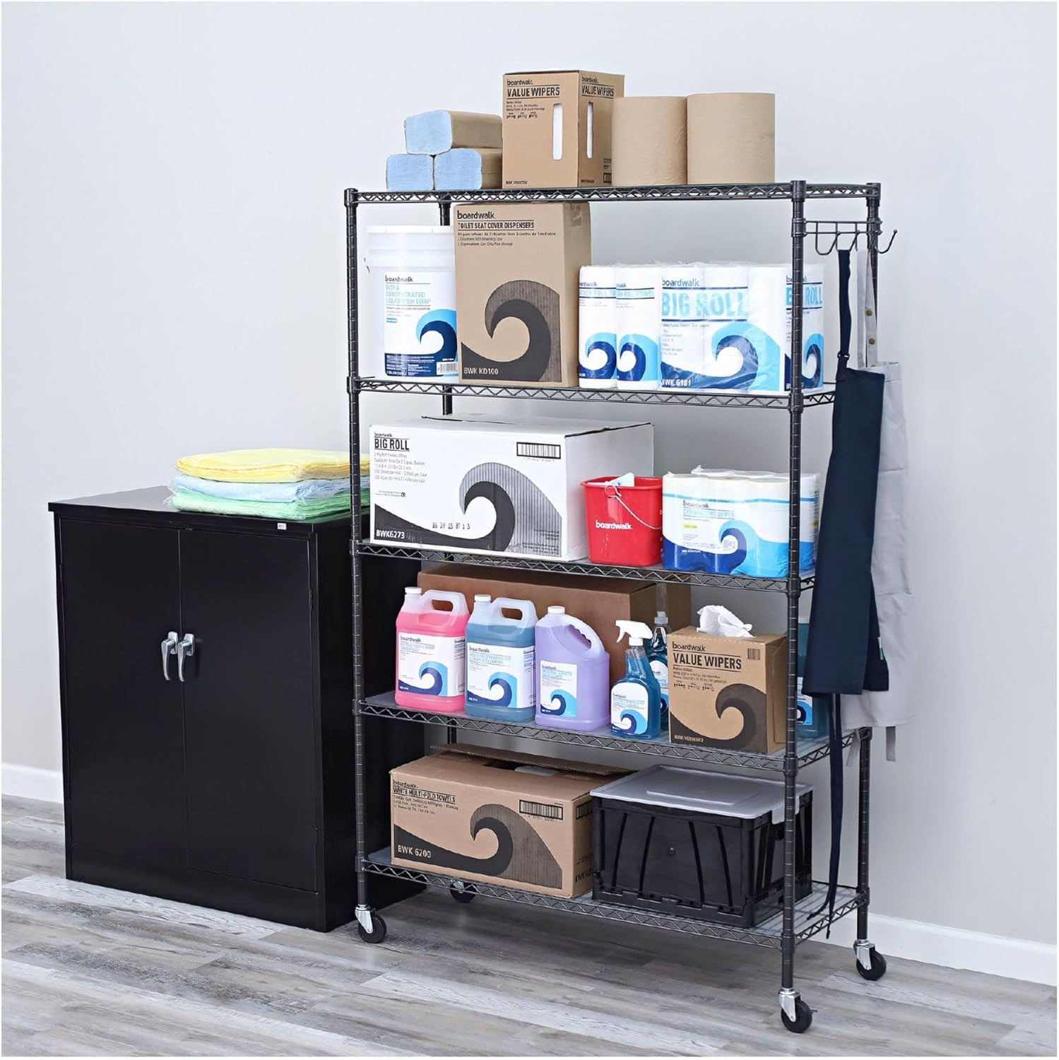 5-Shelf Wire Shelving Unit with Casters & Liners, 48″W x 18″D x 72″H, Black