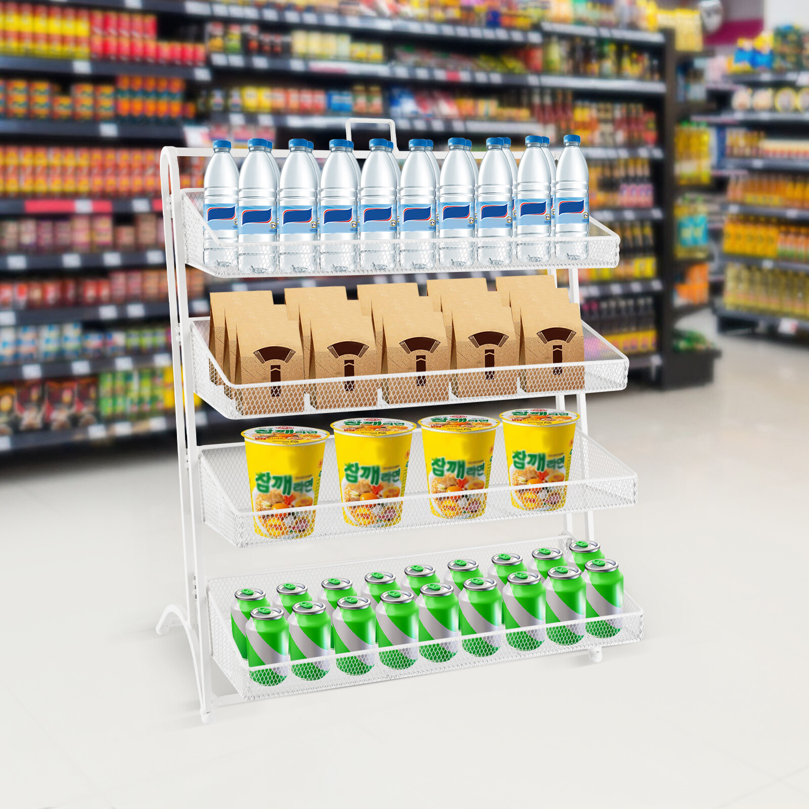 4 Tiers White Retail Store Candy Display Rack Shelving Snack Storage Organizers