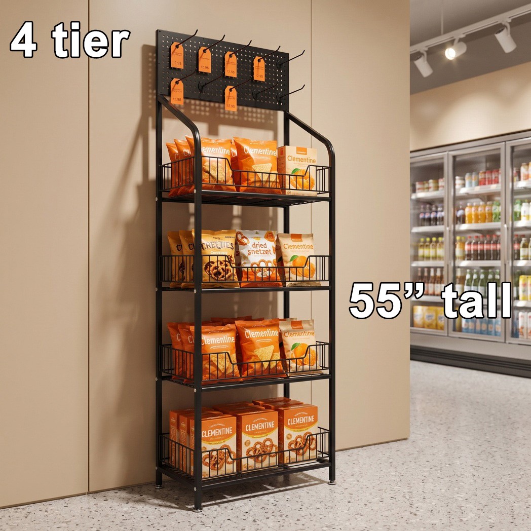4 Tiers Retail Display Rack Snack Display Organizer Snack Rack Stand with Hooks