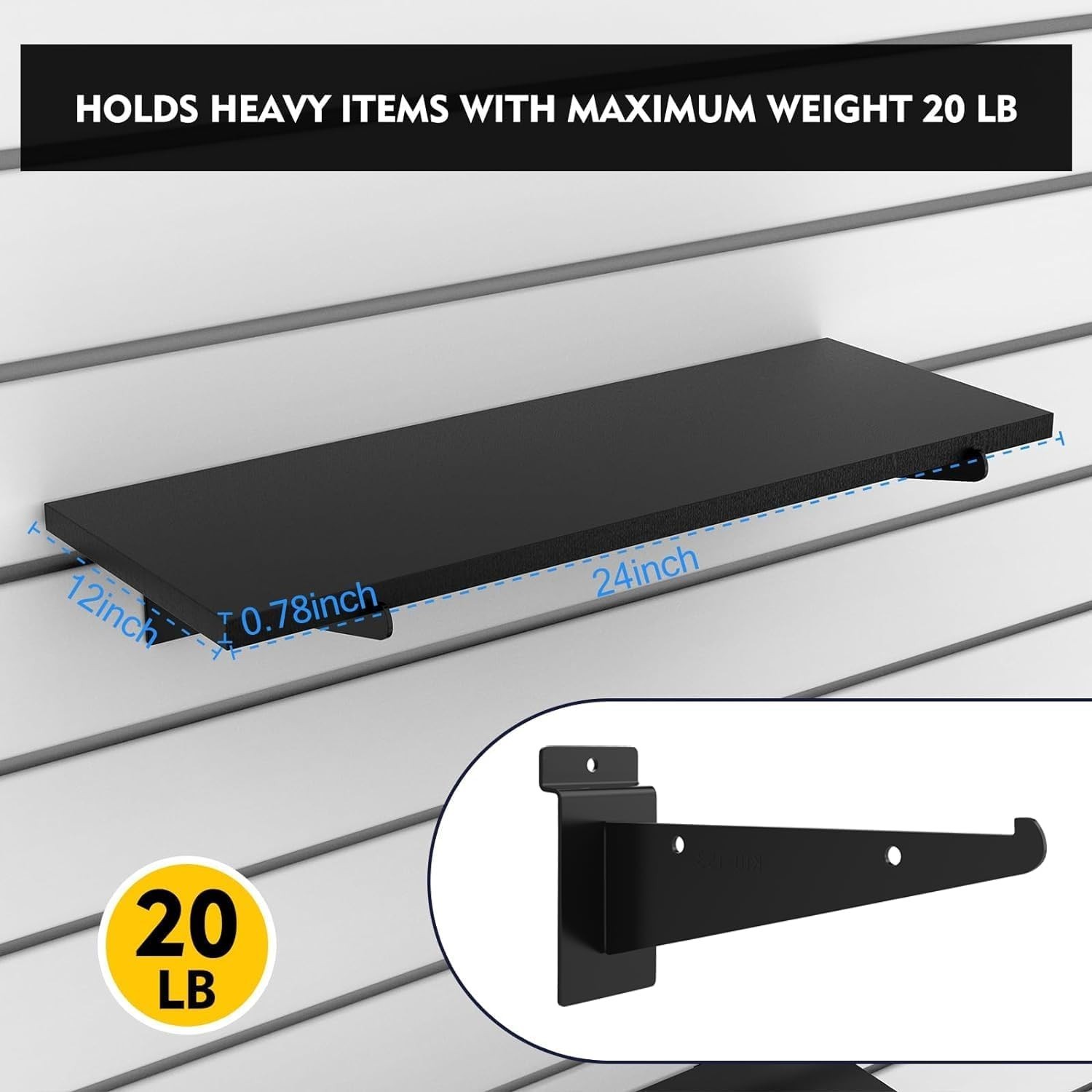 4 Pack Large Wooden Slatwall Shelf, 24 X 12 Inch Slatwall Shelves with Metal Bra