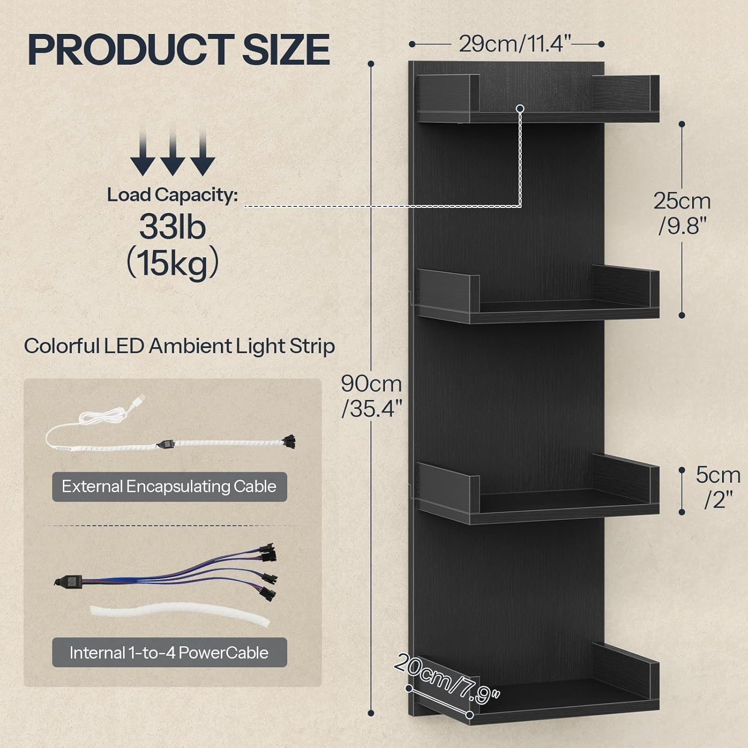 Floating Wall Shelves with LED Lights, 4-Tier Floating Shelf Wall Mounted for…