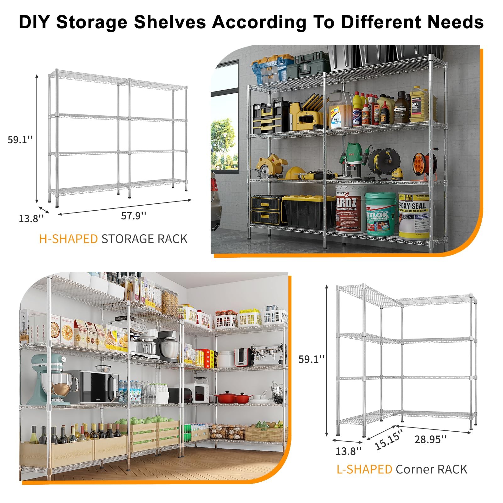 58”W Adjustable Storage Shelves,1200LBS NSF Wire Shelving Unit, 4-Tier Black