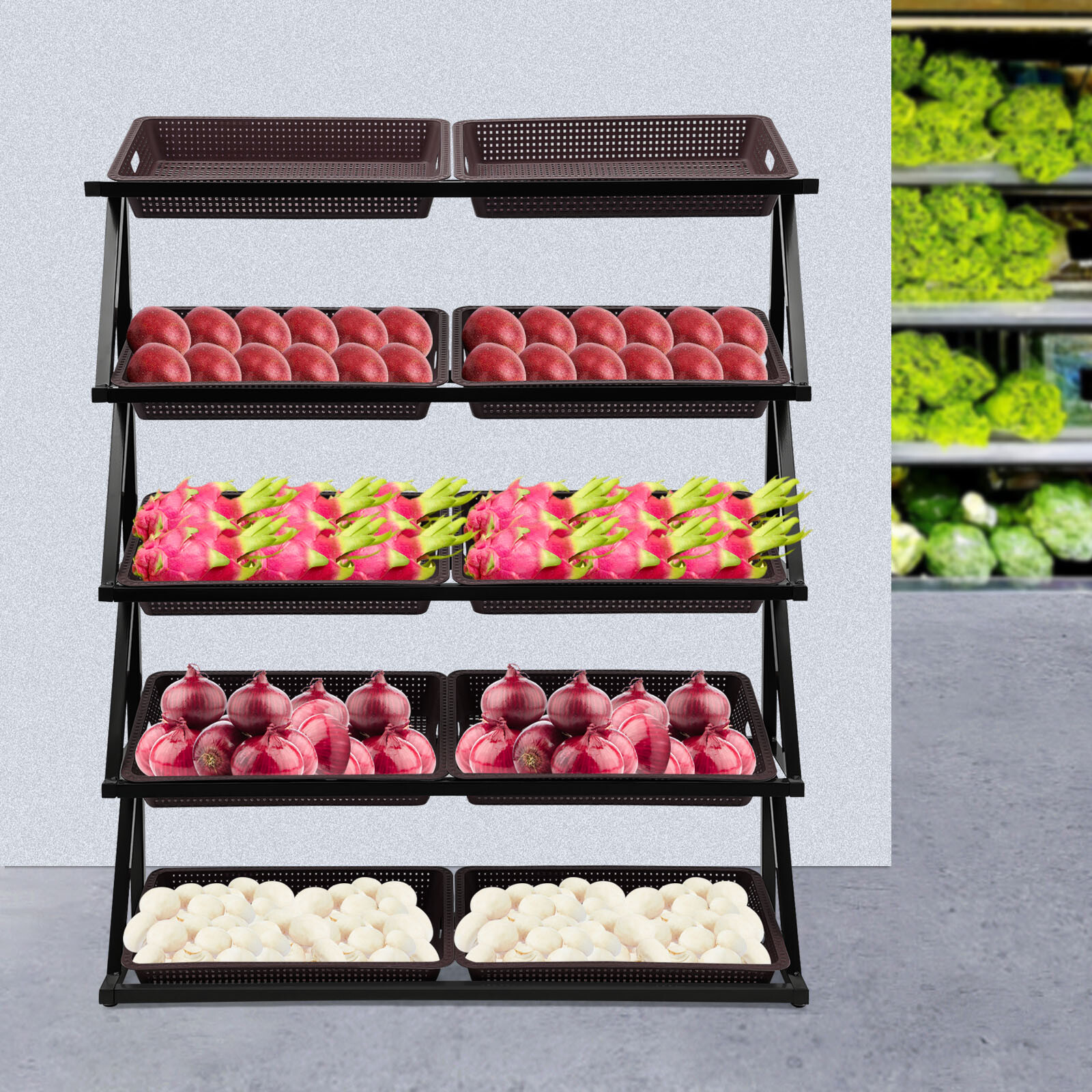 Retail Display Rack Market Shelf Merchandiser Fruit Vegetable Snack w/ 10XBasket