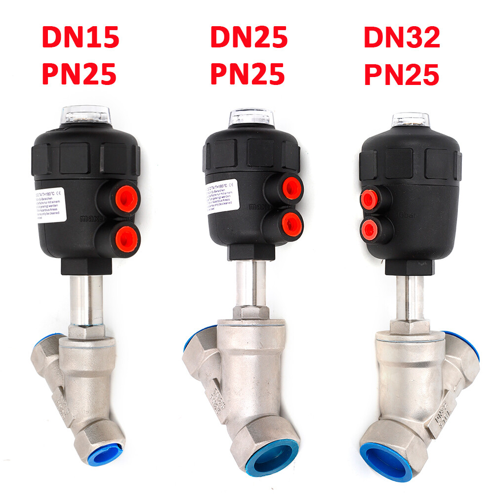 Angle Seat Valve DN25 DN15/32 BSPP Stainless Pneumatic Air Actuated N/C PTFE/FKM