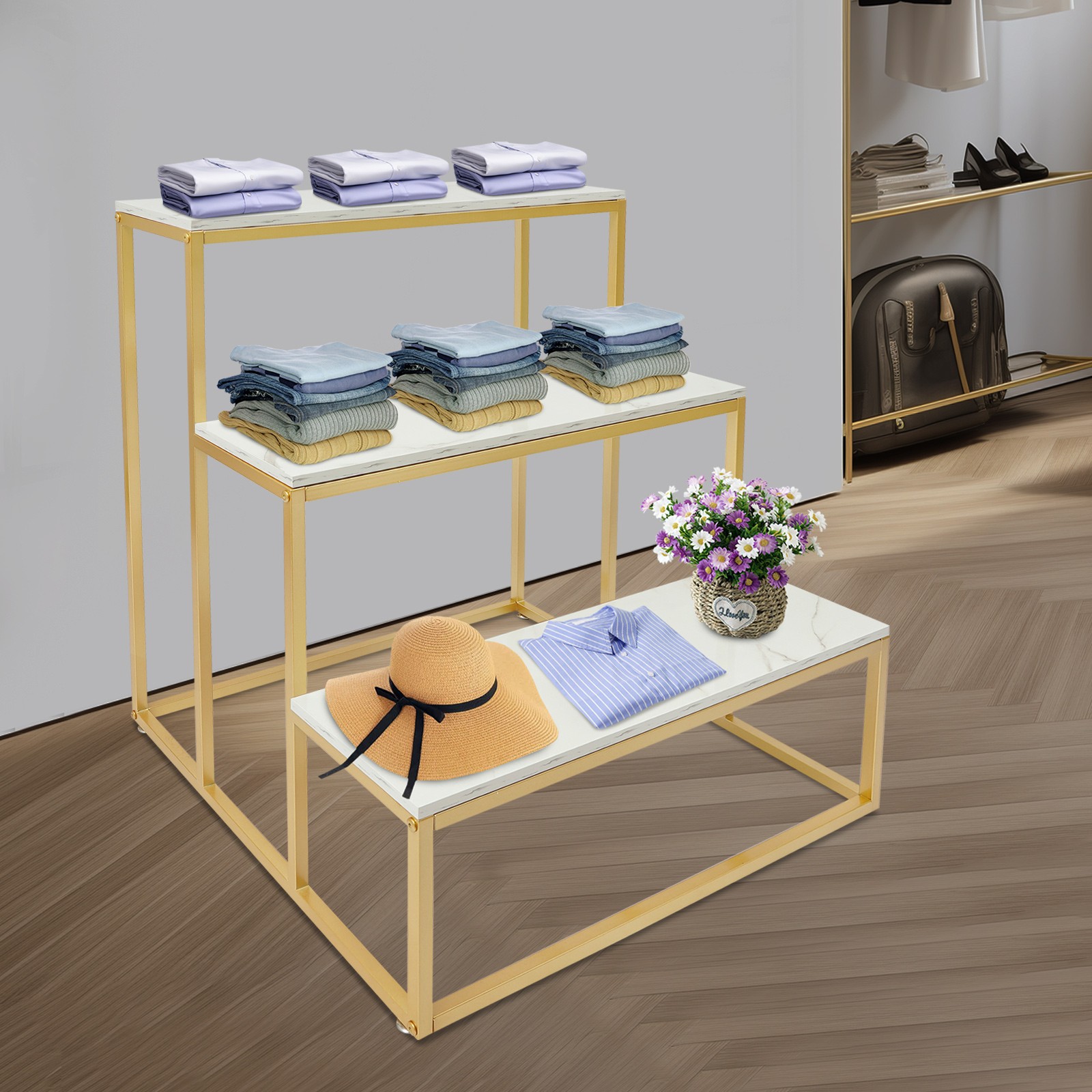 3 Tier Retail Shoe Handbag Display Stand Double Side Clothing Shop Display Table