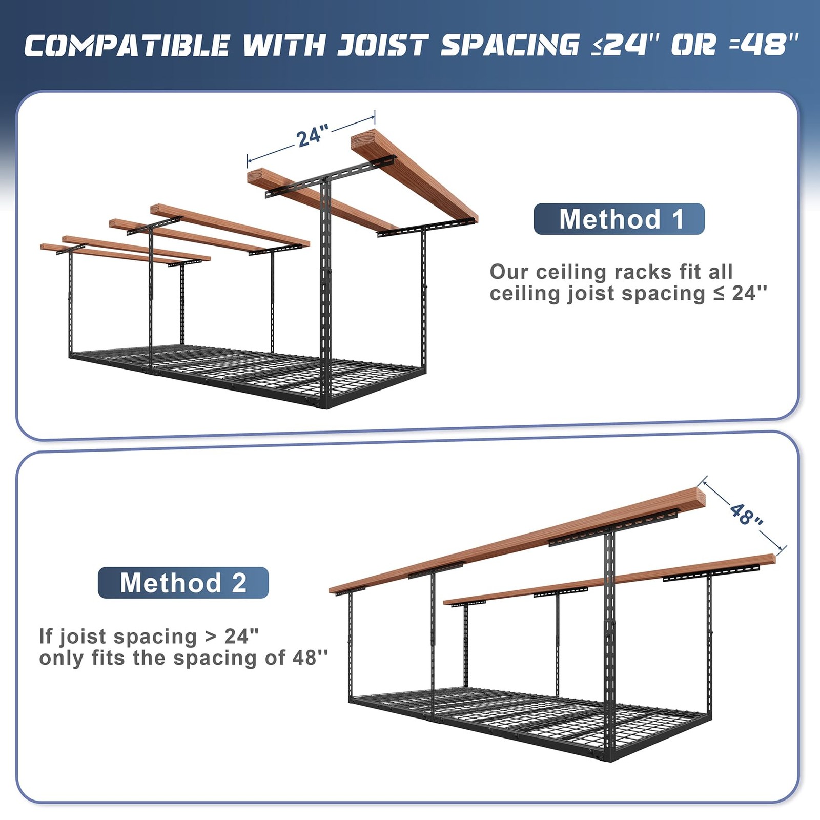 Jusgym 4X8FT Overhead Garage Storage Rack, 26″-40″ Height 4×8 ft, Black