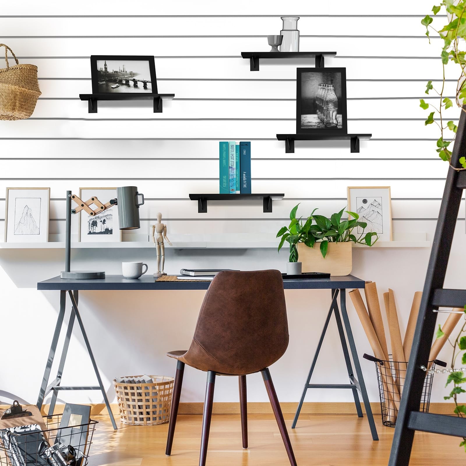 4 Pack Large Wooden Slatwall Shelf, 24 x 12 Inch Slatwall Shelves with Metal Bra