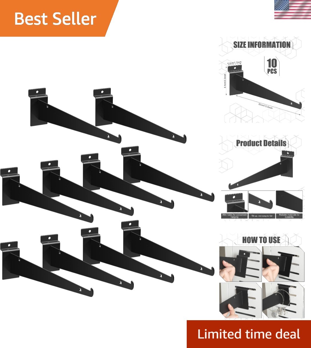 Set of 10 Heavy-Duty 12″ Slatwall Shelf Brackets for Efficient Display & Storage