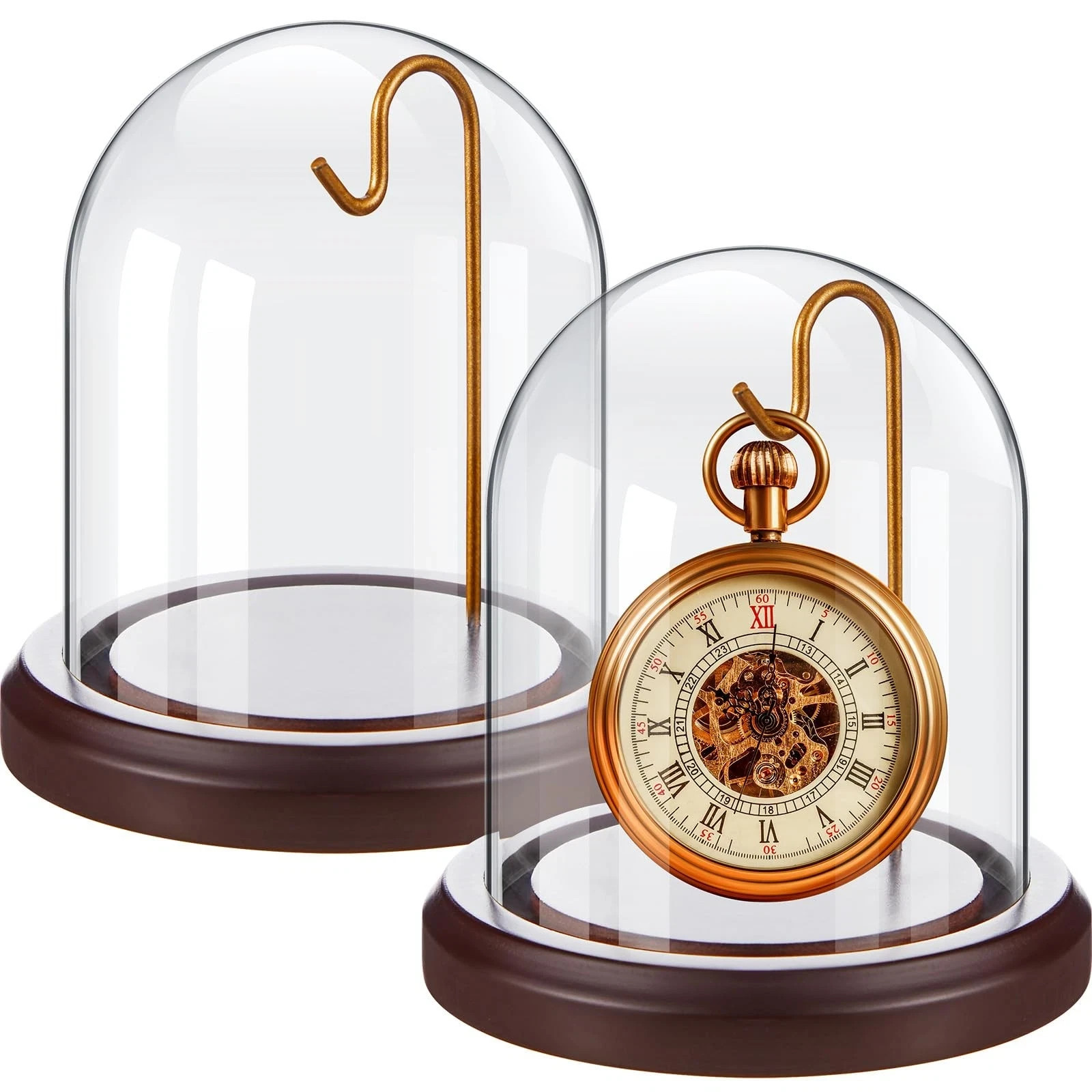Beeveer 2 Pcs Pocket Watch Glass Display with Hooks Dome 3″ x 4″, Gold Hook