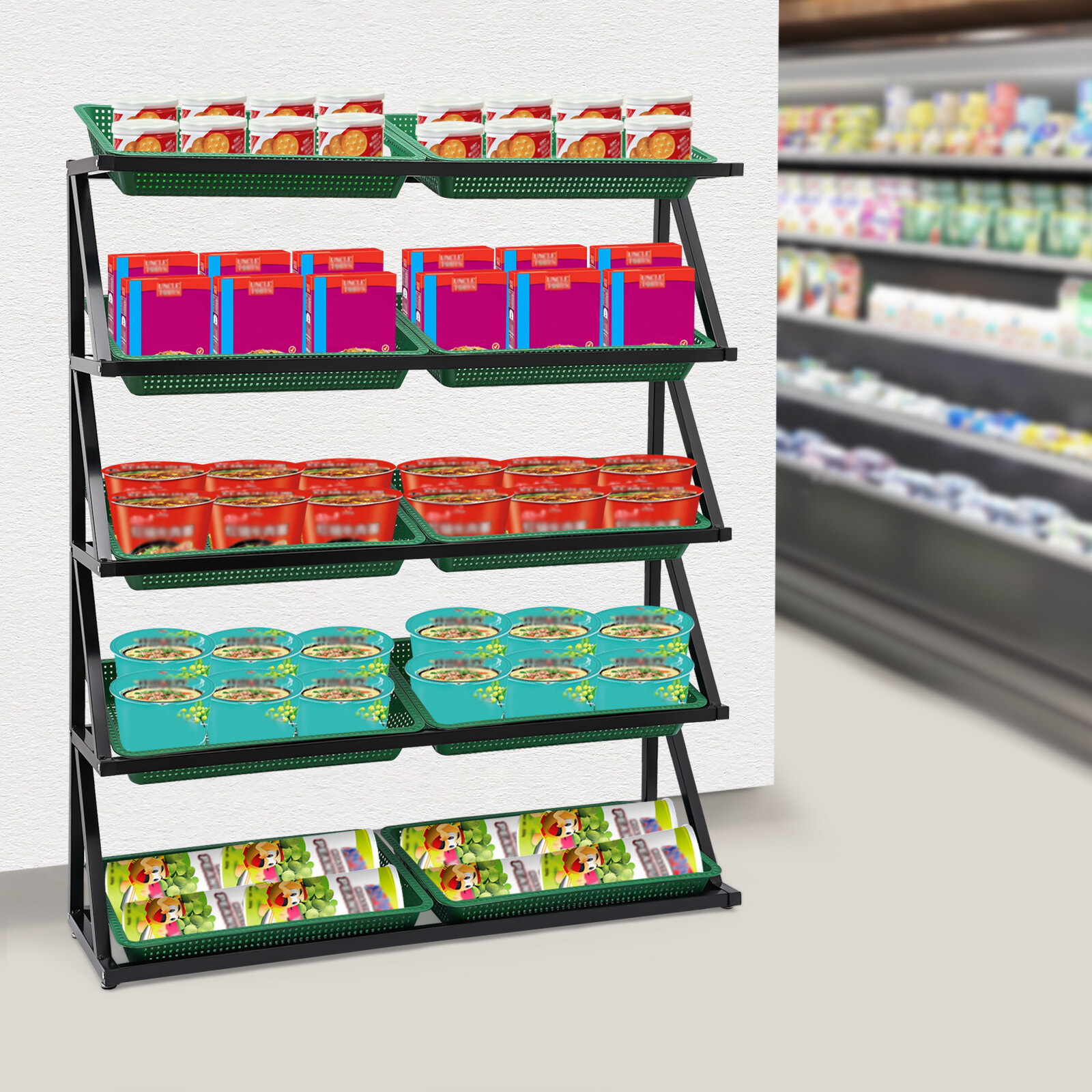Retail Display Rack Market Shelf Merchandiser Fruit Vegetable Snack w/ 10XBasket