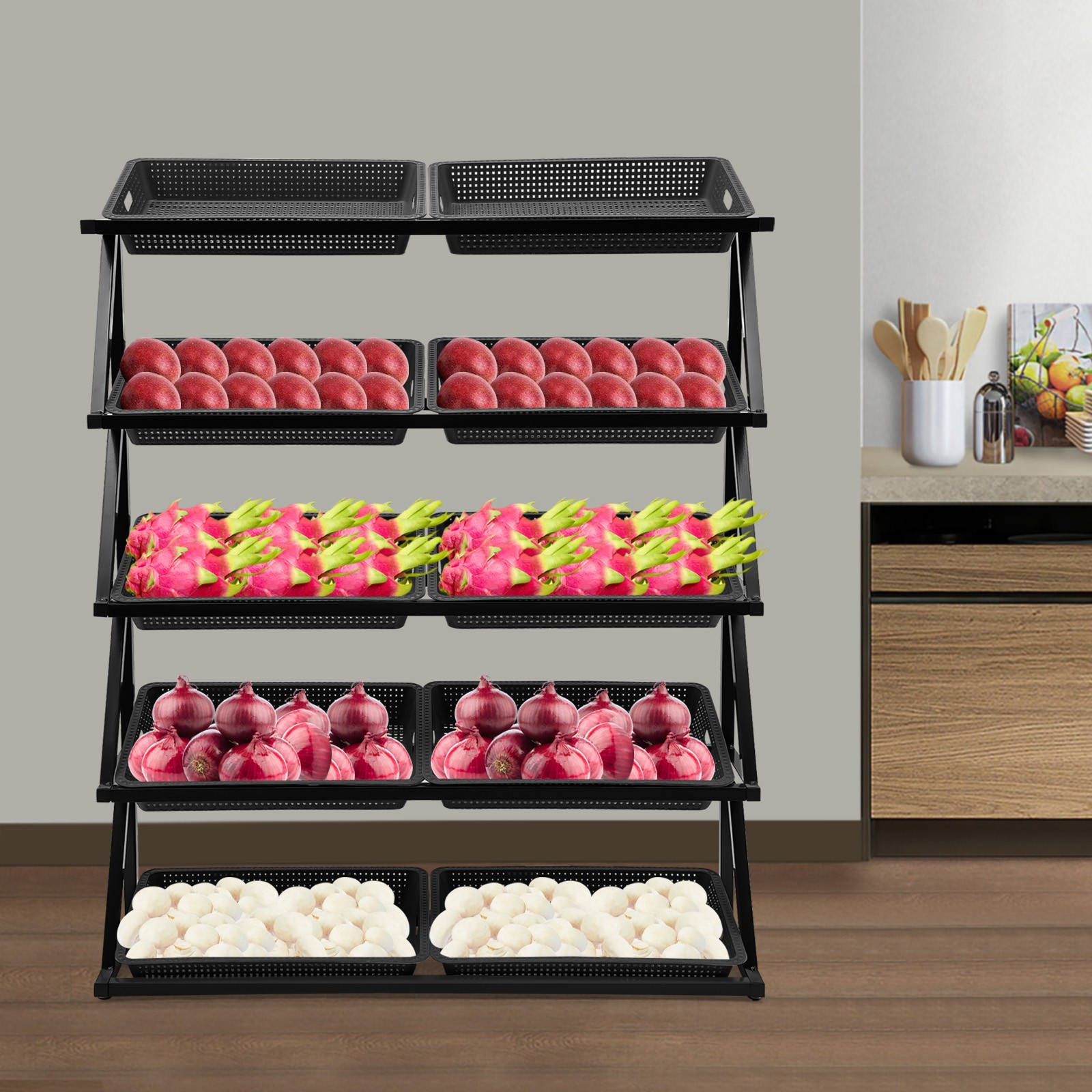 Market Retail Display Rack Shelf Merchandiser Fruit Vegetable Snack Basket 5Tier