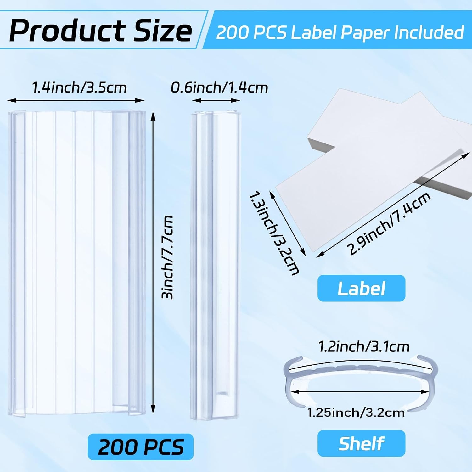 200 PCS Wire Shelf Label Holder W/ Label Paper Inserts Clear Metro Shelf Clips