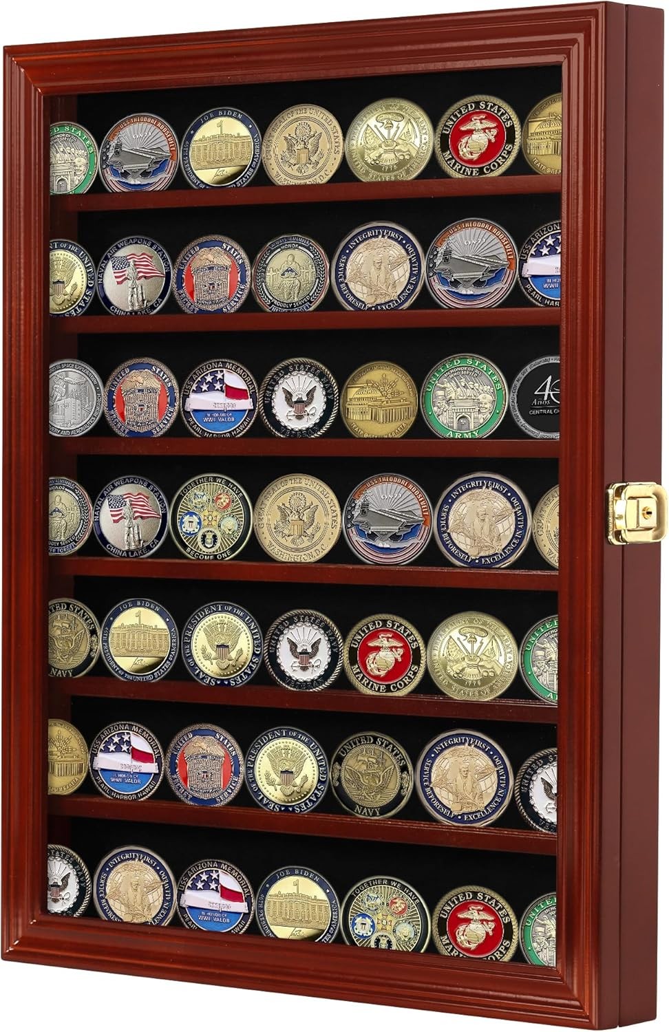 Military Challenge Coin Display Case Wall Mount Cabinet Poker Mahogany Finish