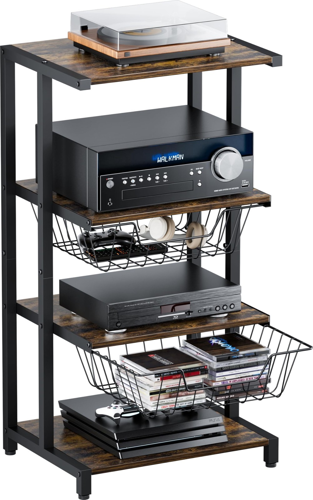 Ardier Media Stand Two Detachable Baskets, 4-Tier AV Media Stand Corner Shelf