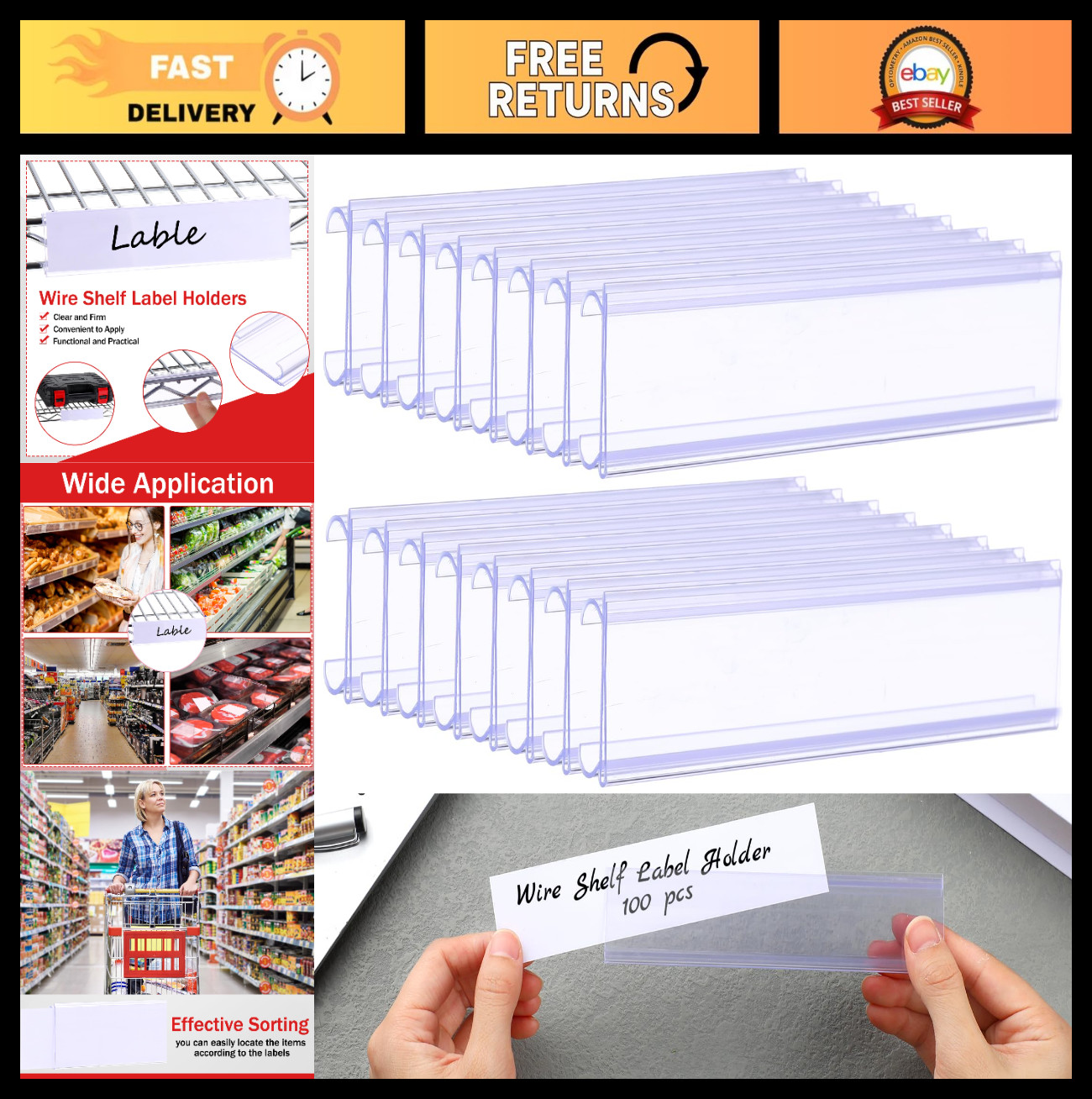 100 Pcs Clear Wire Shelf Label Holders 6″x1.25″ with Paper Insert & Clips for 1.