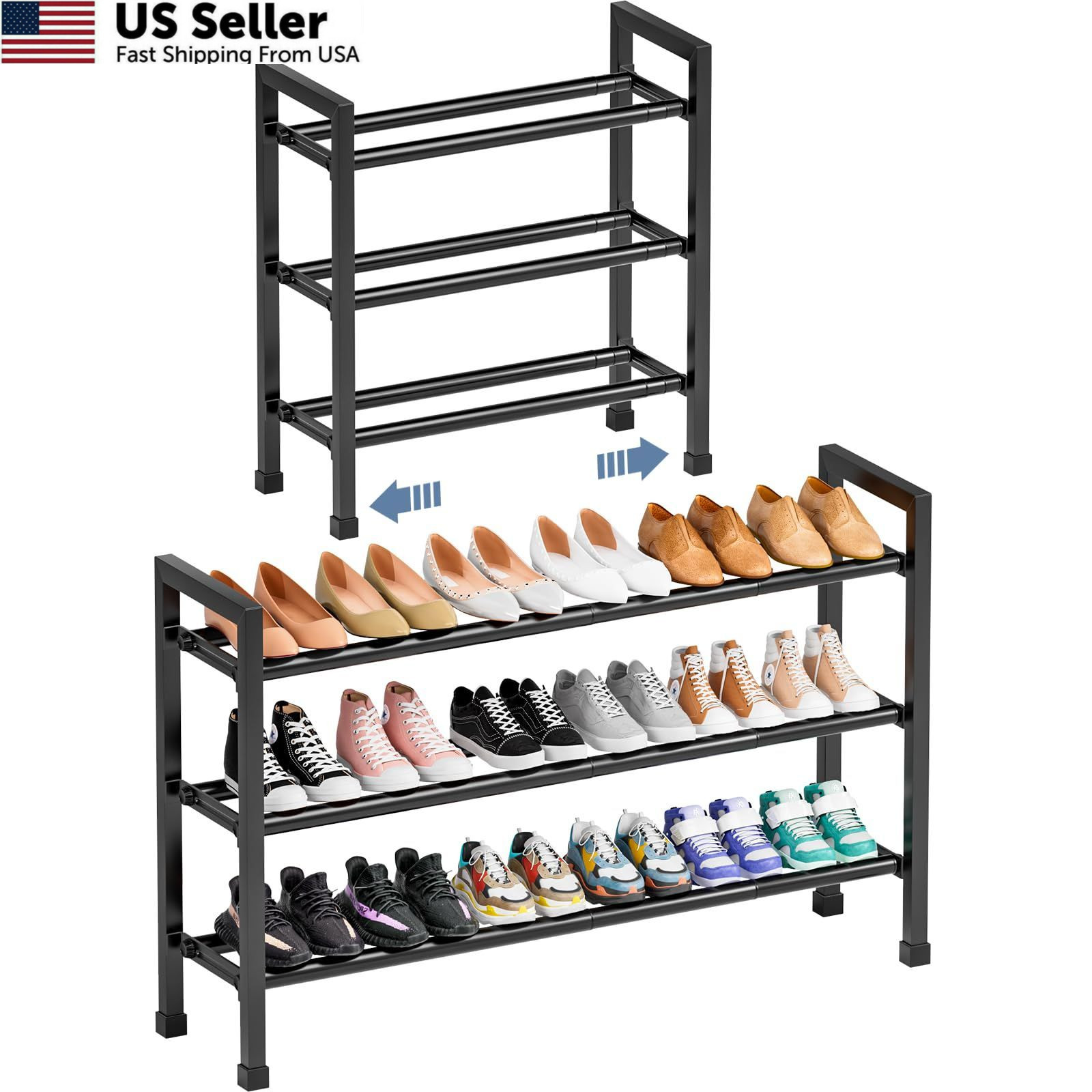 Mavivegue 19“- 43” Adjustable Shoe Rack, 3 Length, 3 3 Tier, Black