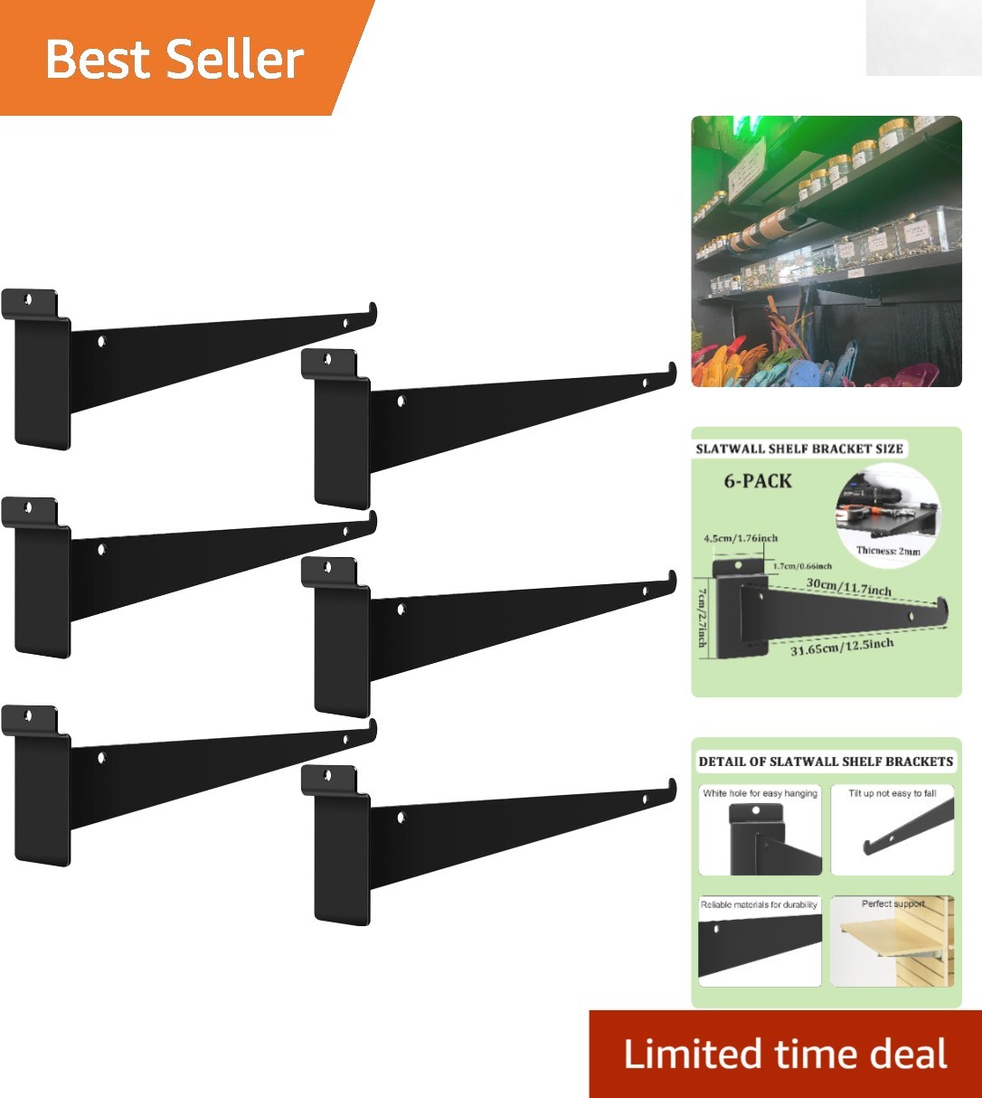 Versatile 12 Inch Slat Wall Shelf Brackets – Perfect for Home and Retail, 6 Pack