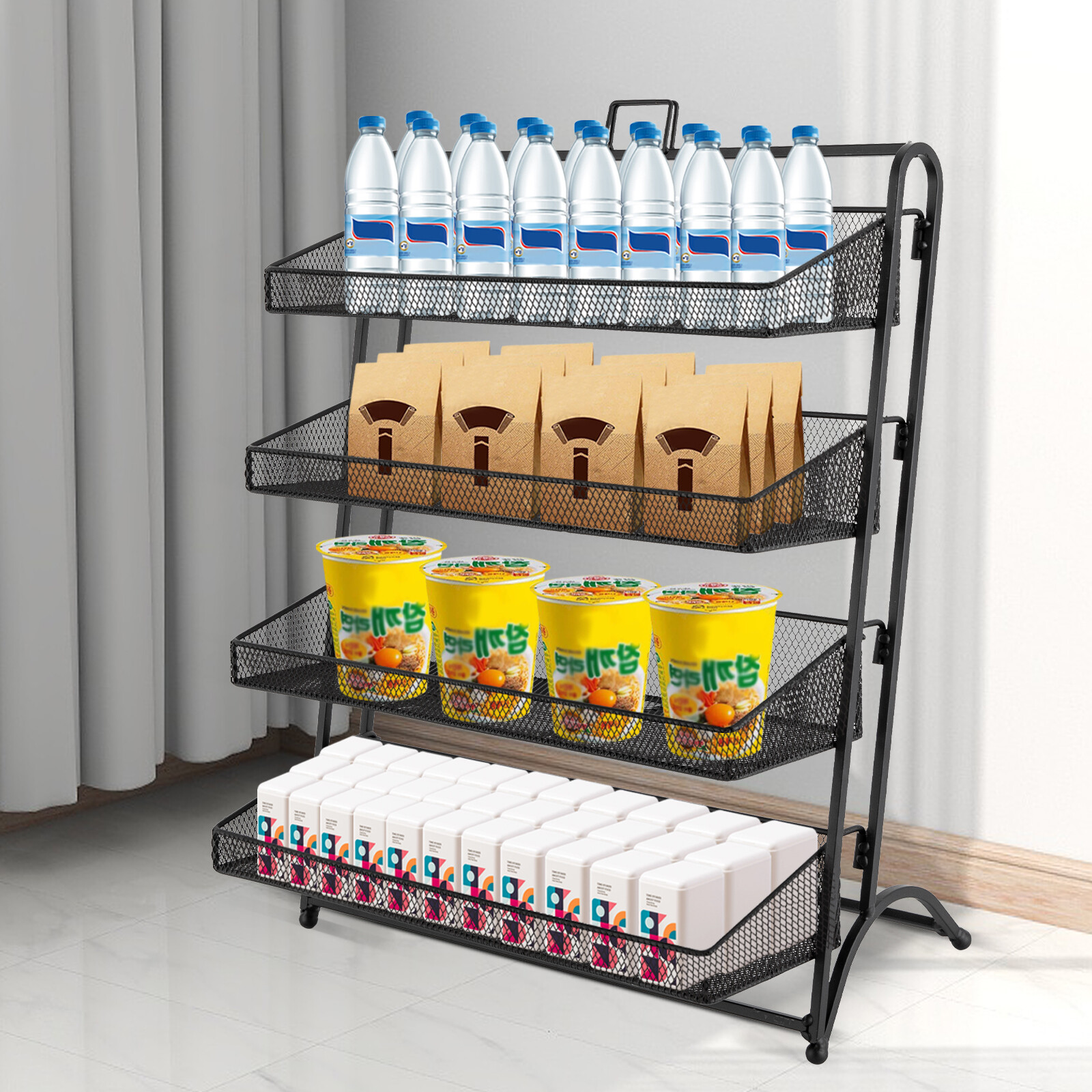 4 Tiers Display Rack Stand Iron Retail Snacks Food Candy Shelf Organizer Black