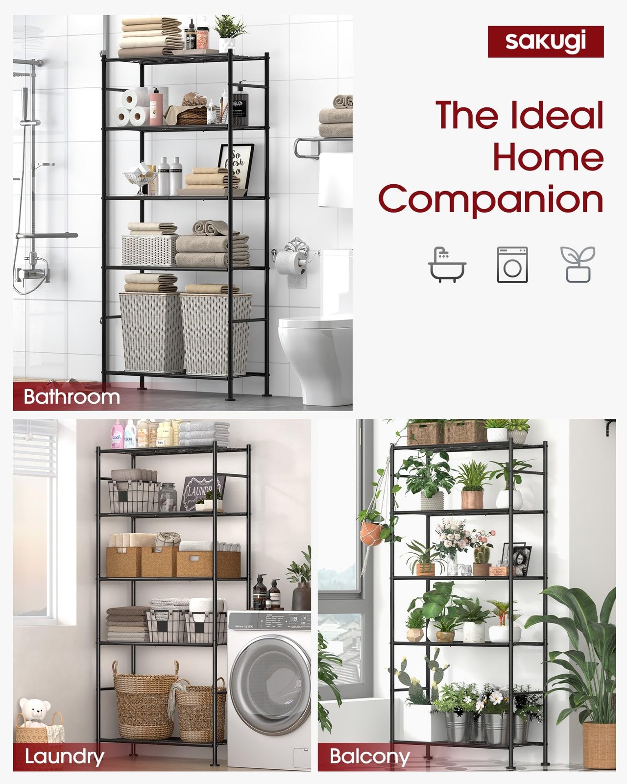 Sakugi Storage Shelves – 5 Tier Shelf Organizer, 33.0W×12.6D×72.0H(5T), Black
