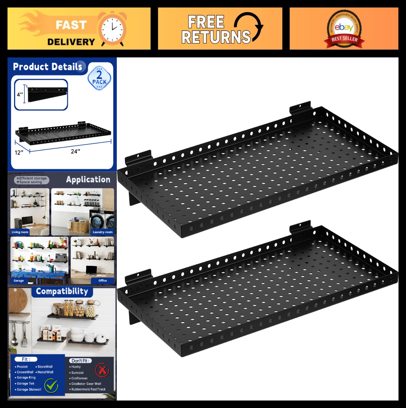 Heavy Duty Slatwall Shelf 24″x12″ – Steel Storage Rack for Garage & Retail (2 Pa
