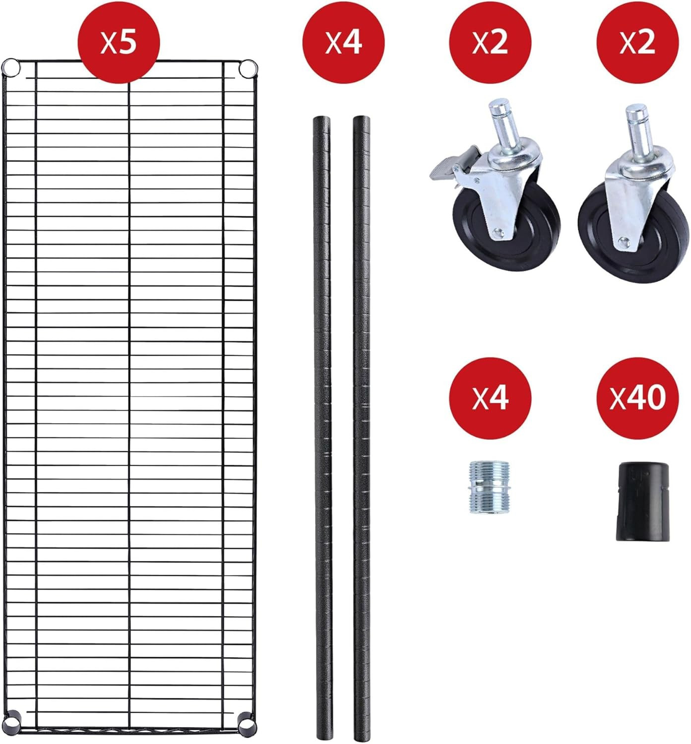 5-Shelf Wire Shelving Kit with Casters and Shelf Liners, 48W X 18D X 72H, Black