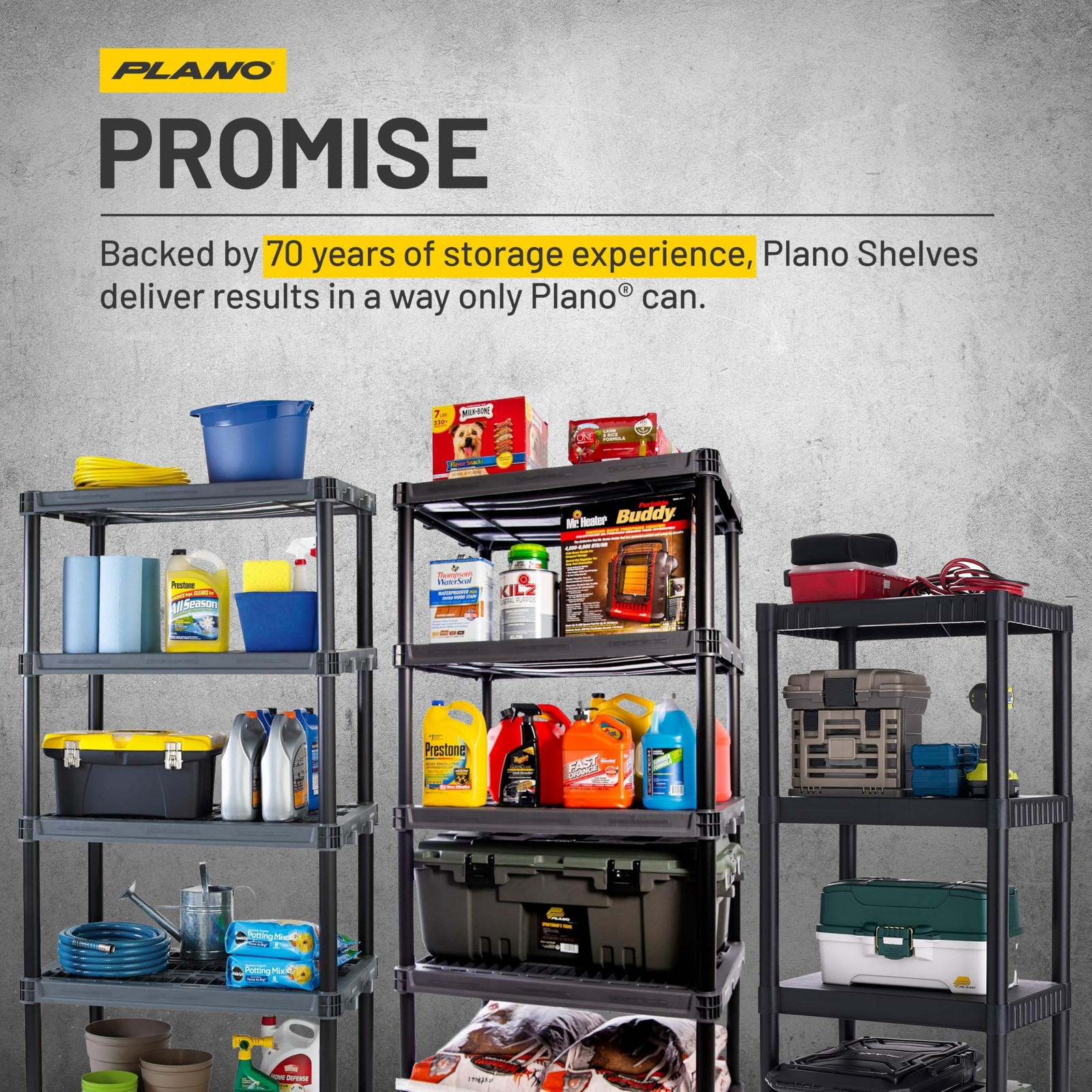 Plano 4-Shelf Plastic Storage Shelves, 48” x 23” x 14”, 200lb, Black