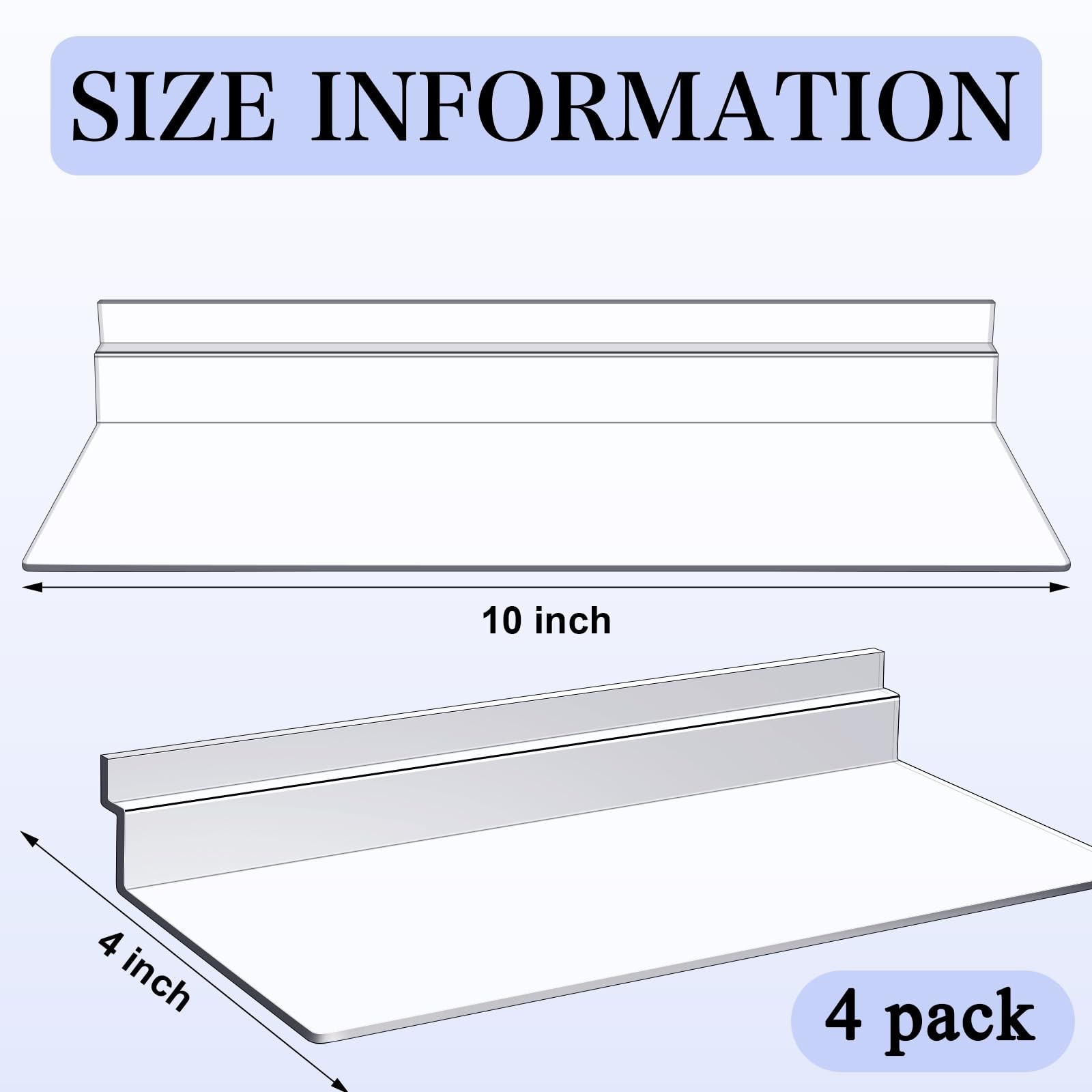 Kathfly 4 Pack 4 x 10 Inch Slatwall Shelves 10.2 x 4 x 1.96 inches, Clear