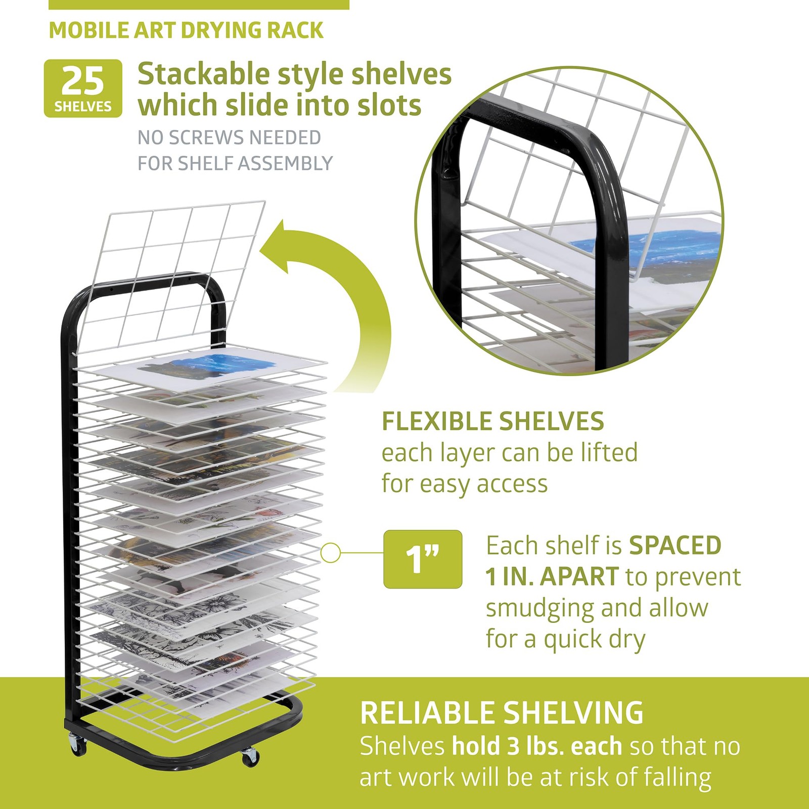 Pearington 25-Shelf Mobile/Wall Mountable Art Drying Rack 25 Shelves, Black