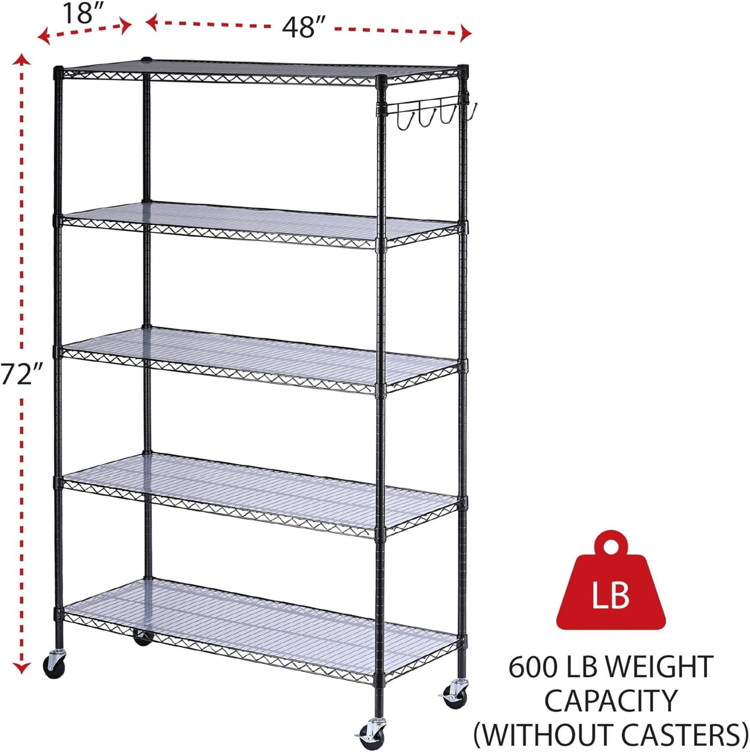 5-Shelf Wire Shelving Unit with Casters & Liners, 48″W x 18″D x 72″H, Black