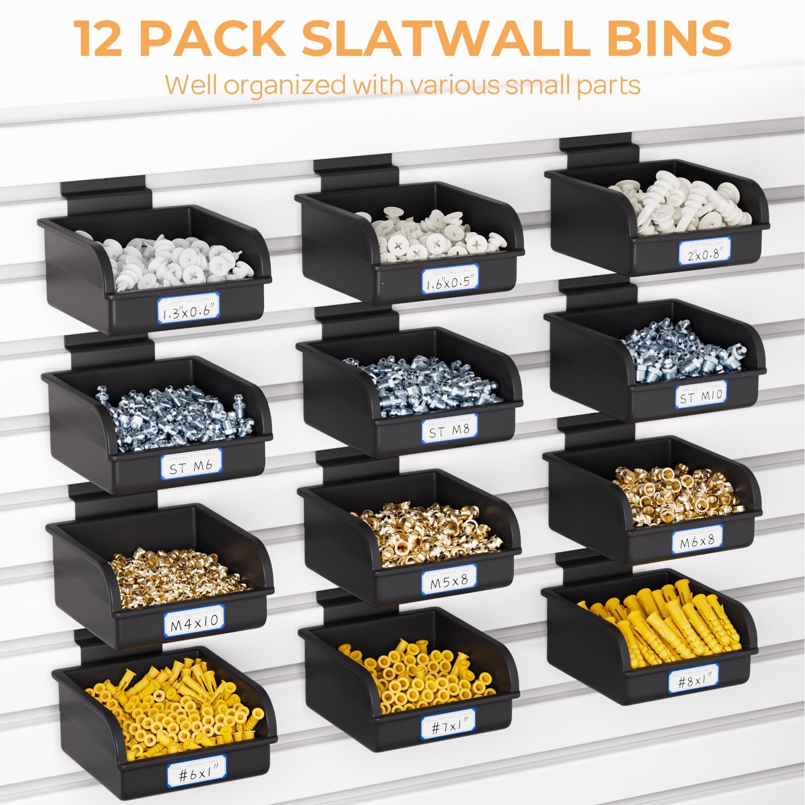 12 PCS Plastic Slatwall Bins Hooks Garage Hardware Organizer Wall Containers