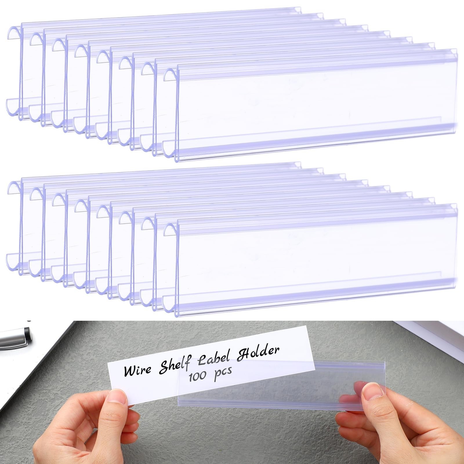 100 Pcs Clear Wire Shelf Label Holders 6″x1.25″ with Paper Insert & Clips for 1.