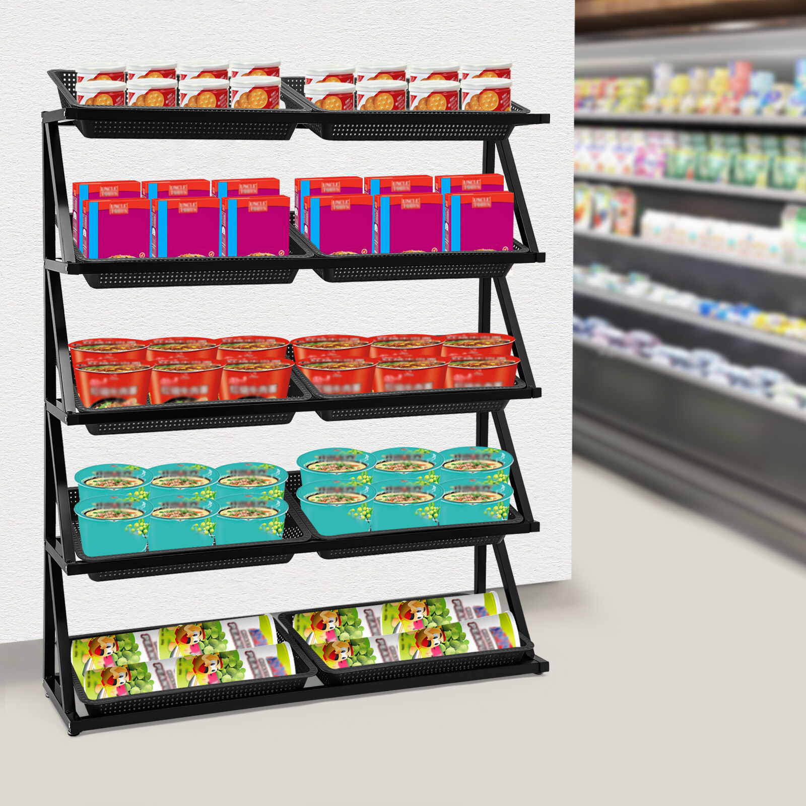Retail Display Rack Market Shelf Merchandiser Fruit Vegetable Snack w/ 10XBasket