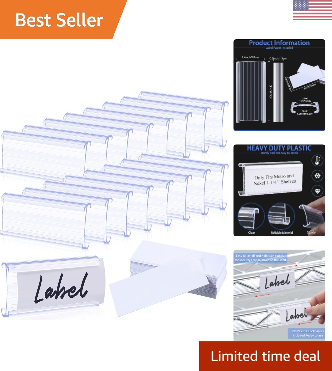 100 Count Plastic Shelf Tags with Paper Inserts – Compatible with Metro Shelves