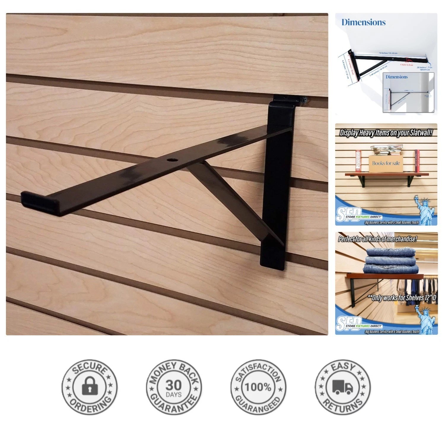 12″ Black Heavy Duty Slatwall Brackets – Securely Display Your Shelves (4 Pack)