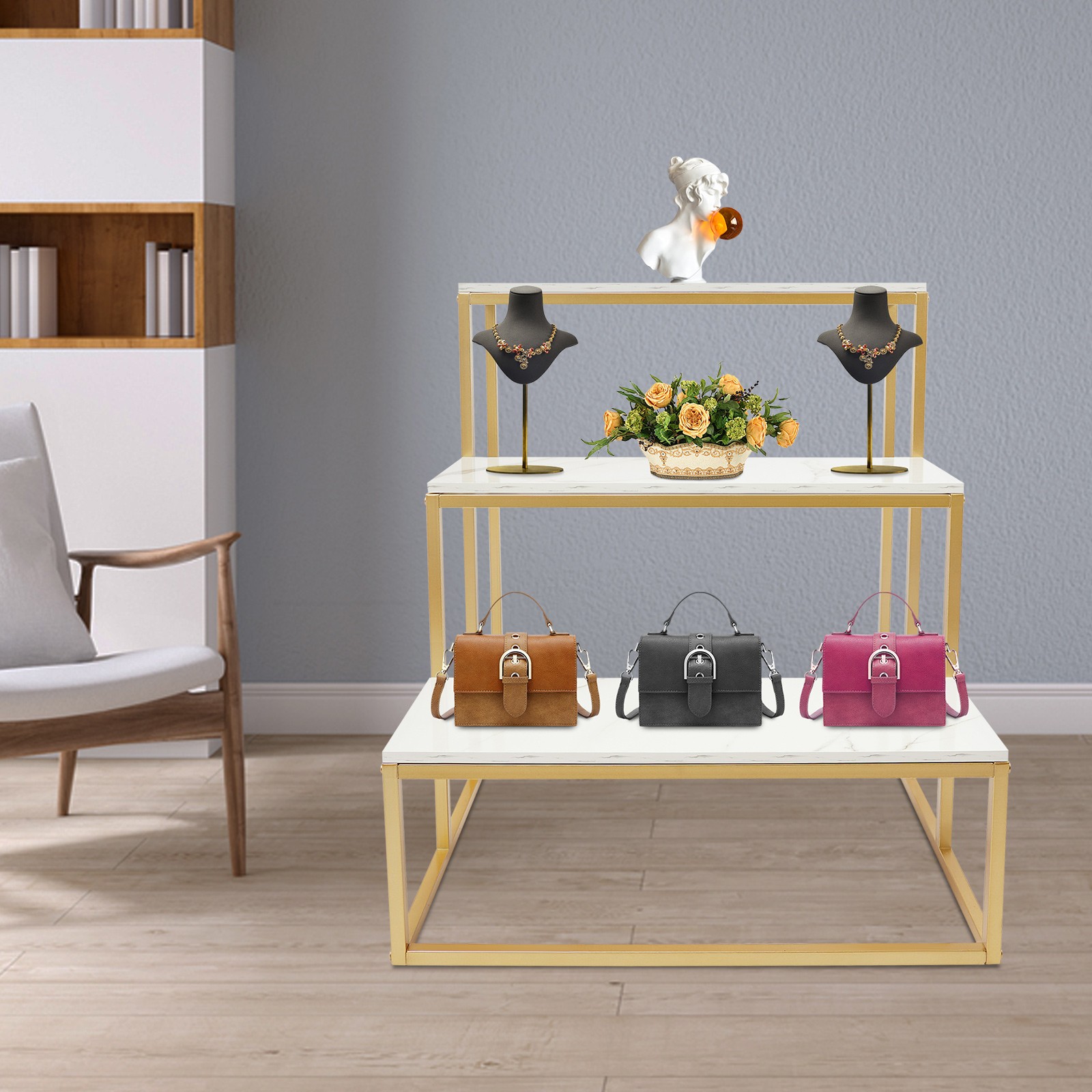 3 Tier Retail Shoe Handbag Display Stand Double Side Clothing Shop Display Table