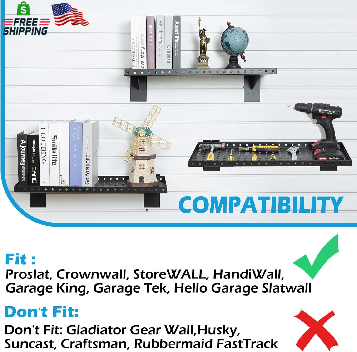 2 Pack 24 Inch Slatwall Shelves Heavy Duty Black Storage Garage Retail