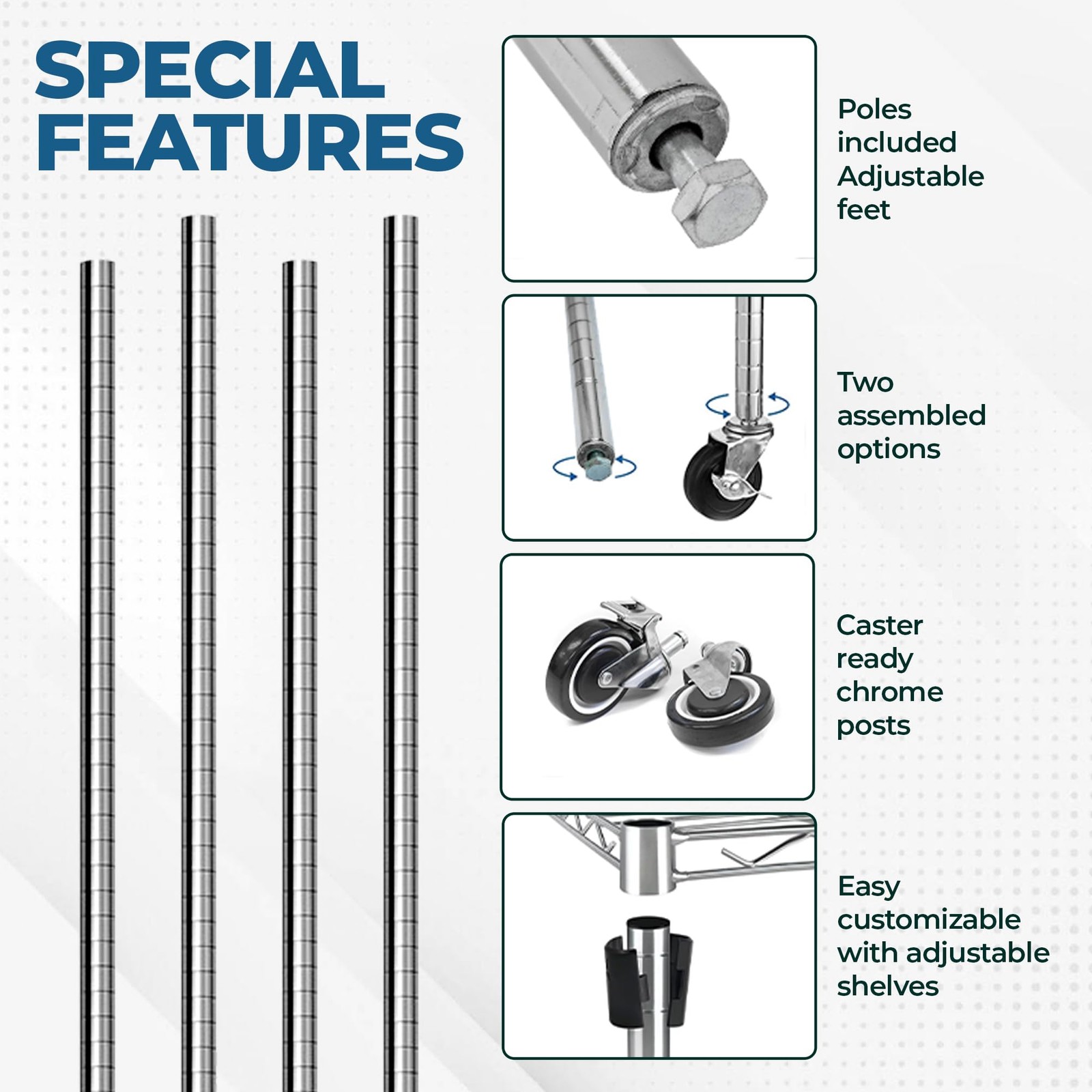 Express KitchQuip Stainless Steel Chrome Wire Shelving Posts – 14″, Silver