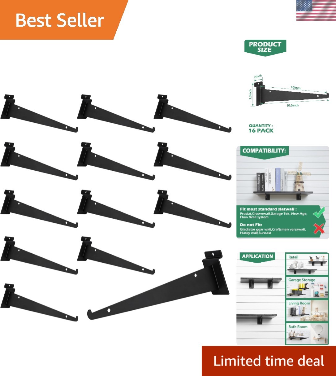 Versatile 10-Inch Slatwall Shelf Bracket Set of 16 – Ideal for Garage & Retail