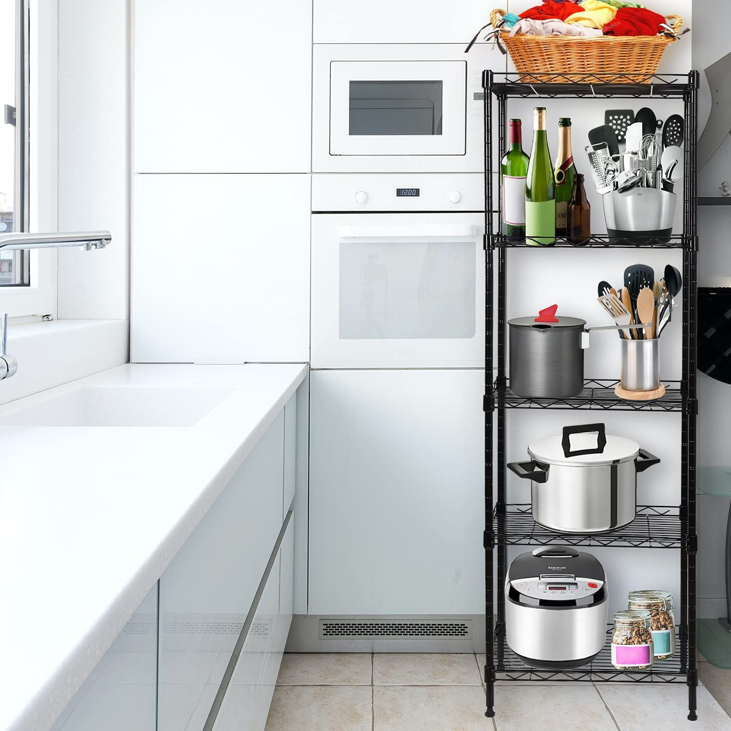 SUNLPH 5-Tier Wire Shelving 16.6″L x 11.4″W x 49.1″H – Basket, Black