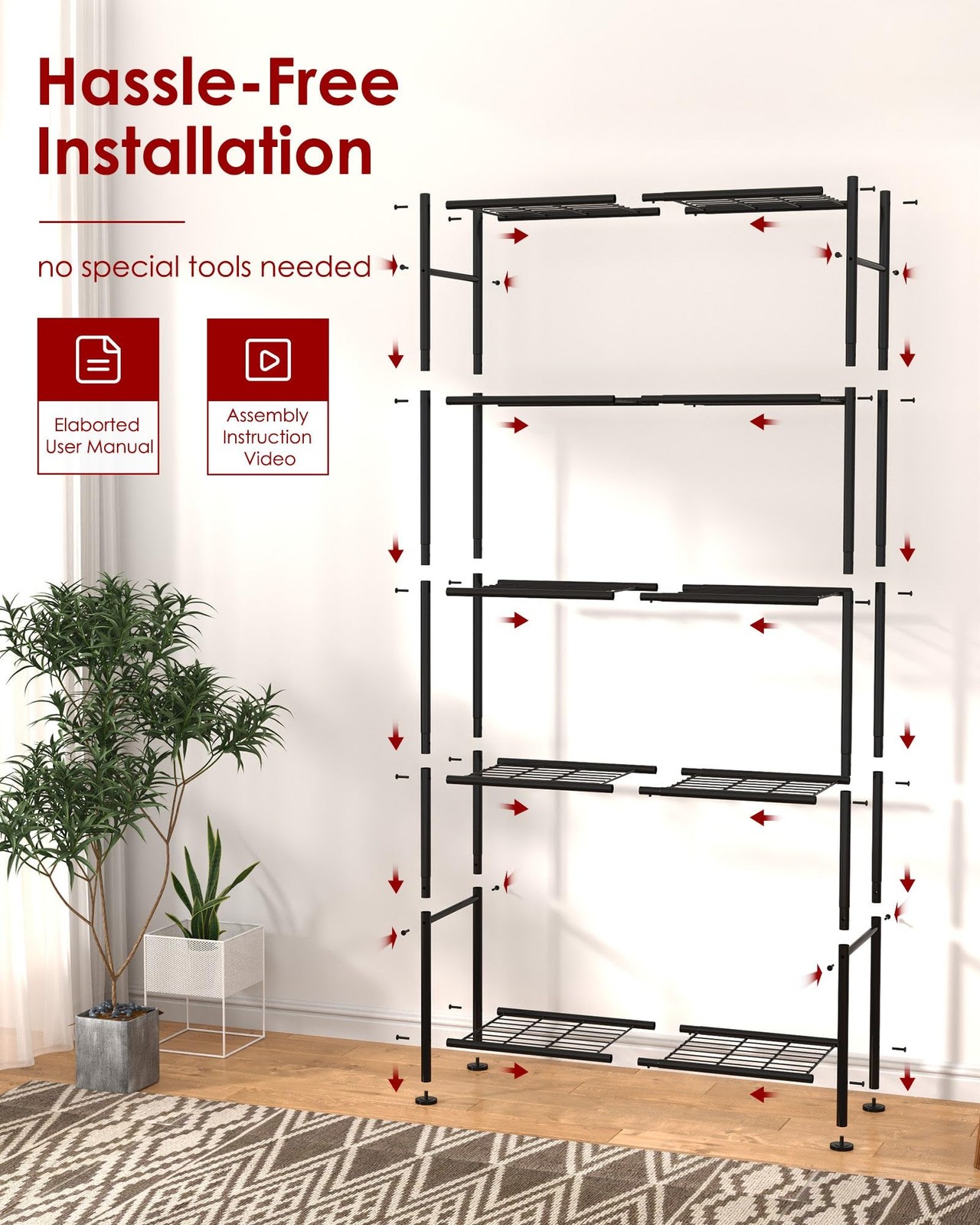 Sakugi Storage Shelves – 5 Tier Shelf Organizer, 33.0W×12.6D×72.0H(5T), Black