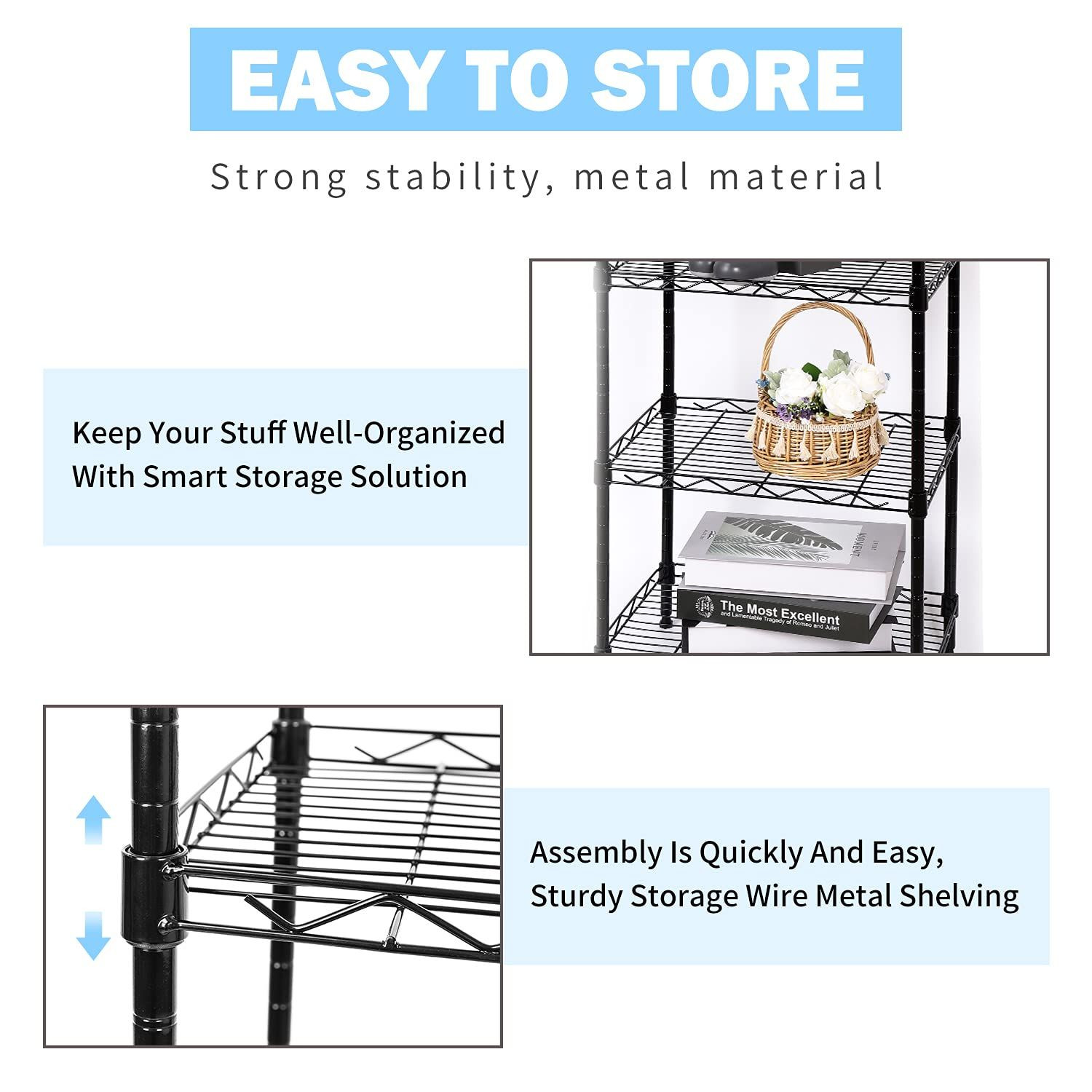 SUNLPH 5-Tier Wire Shelving 16.6″L x 11.4″W x 49.1″H – Basket, Black