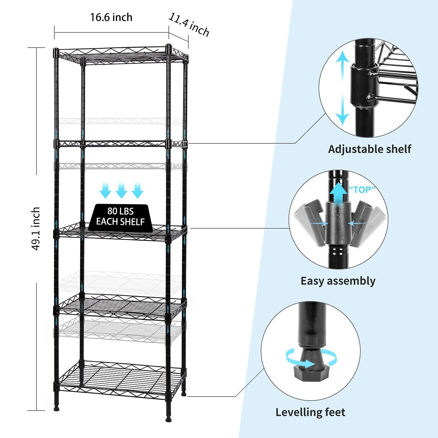 SUNLPH 5-Tier Wire Shelving 16.6″L x 11.4″W x 49.1″H – Basket, Black
