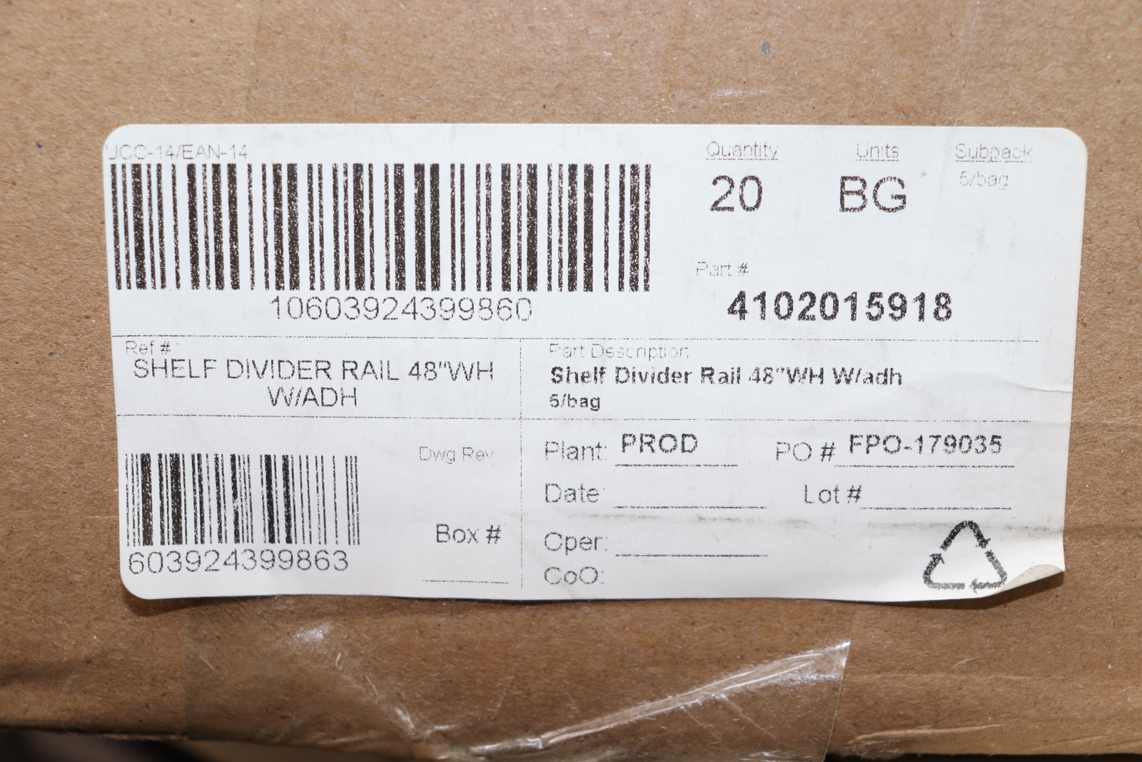 (100-Pk) Shelf Divider Rail with Adhesive 48″