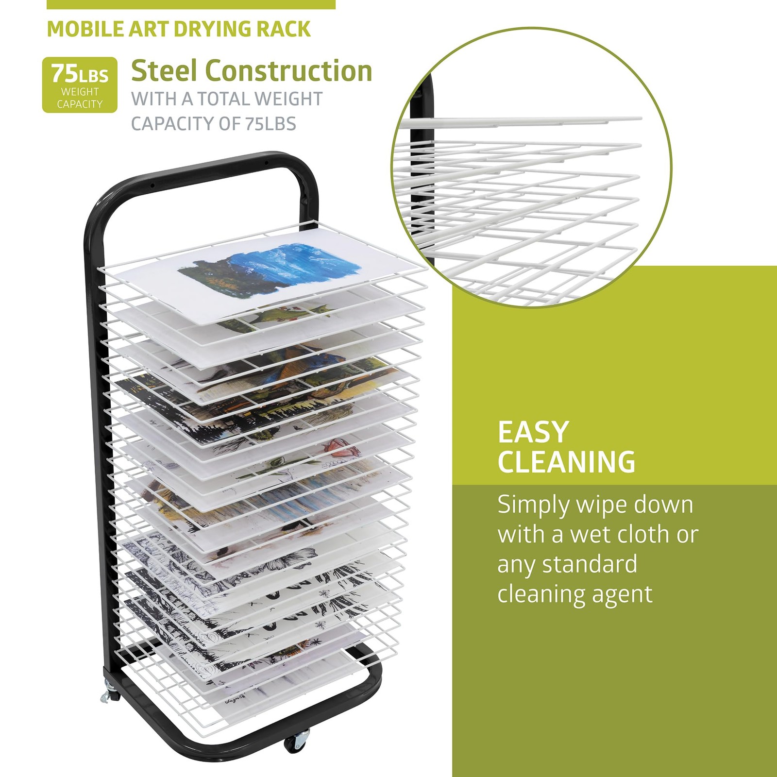Pearington 25-Shelf Mobile/Wall Mountable Art Drying Rack 25 Shelves, Black