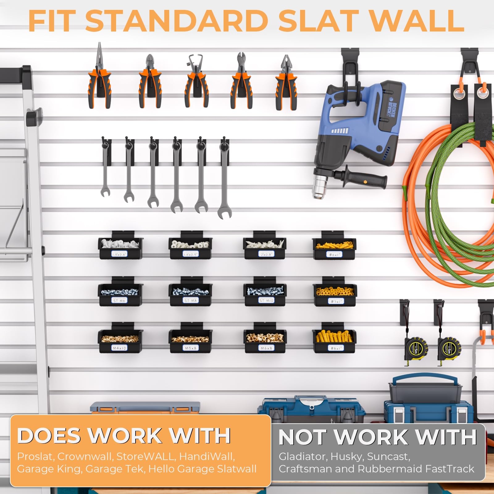 12 PCS Plastic Slatwall Bins Hooks Garage Hardware Organizer Wall Containers