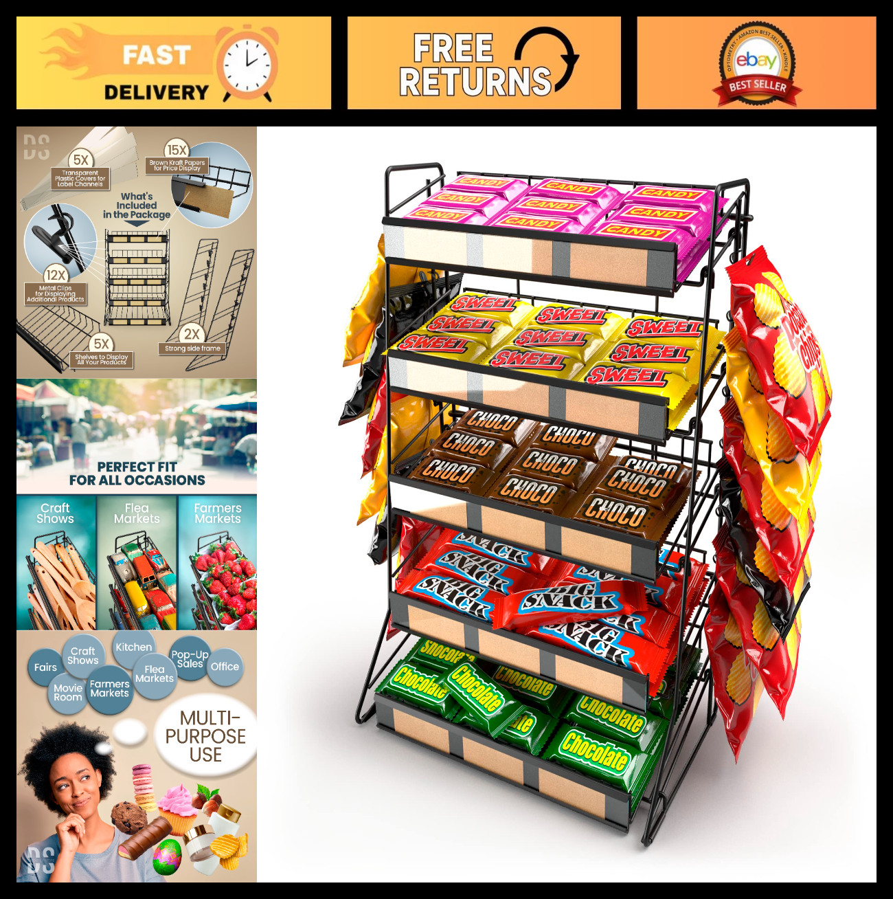 5-Tier Candy Display Rack – Large Snack Organizer for Countertop, Portable Conce