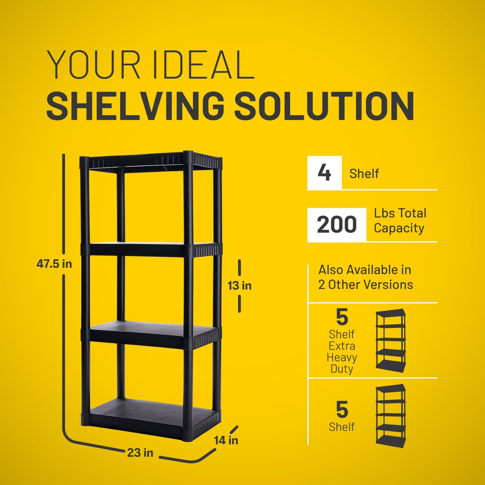 Plano 4-Shelf Plastic Storage Shelves, 48” x 23” x 14”, 200lb, Black