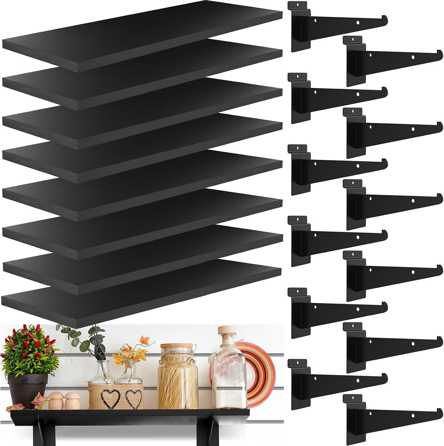 8 Pack Wooden Slatwall Shelf, 15.7 x 5.9 Inch Slatwall Shelves with Metal Bracke