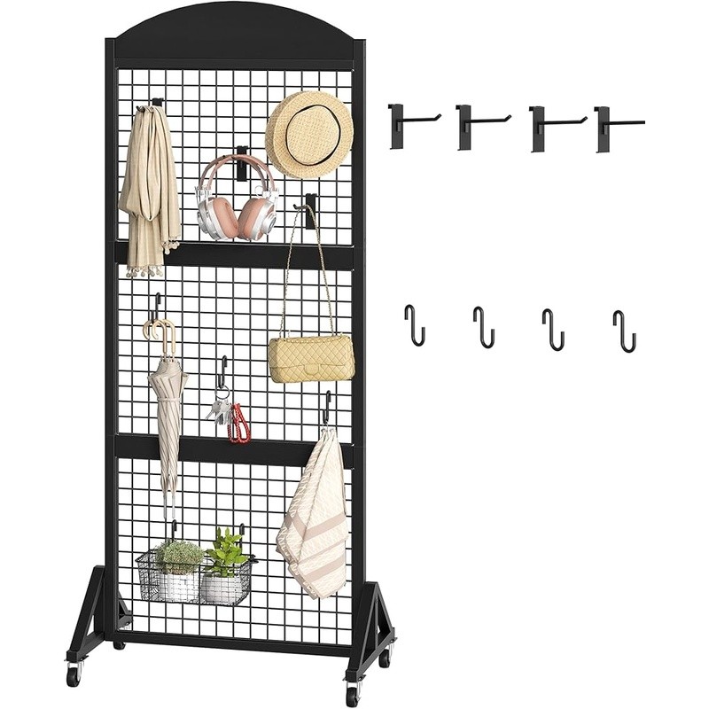 Mobile Grid Display Rack Wheeled Stand Retail Home Storage Trade Shows Hooks New