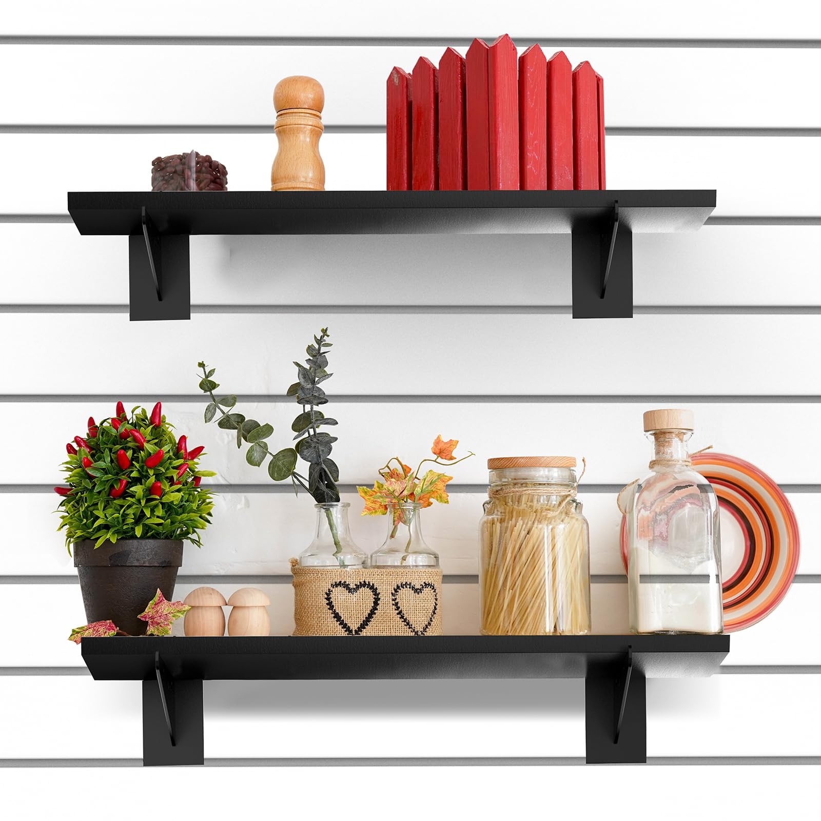 4 Pack Large Wooden Slatwall Shelf, 24 x 12 Inch Slatwall Shelves with Metal Bra